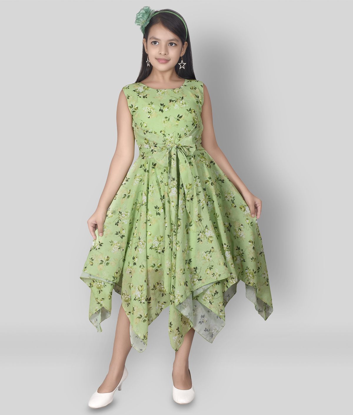     			Sky Heights - Green Georgette Girl's Asymmetric Dress ( Pack of 1 )