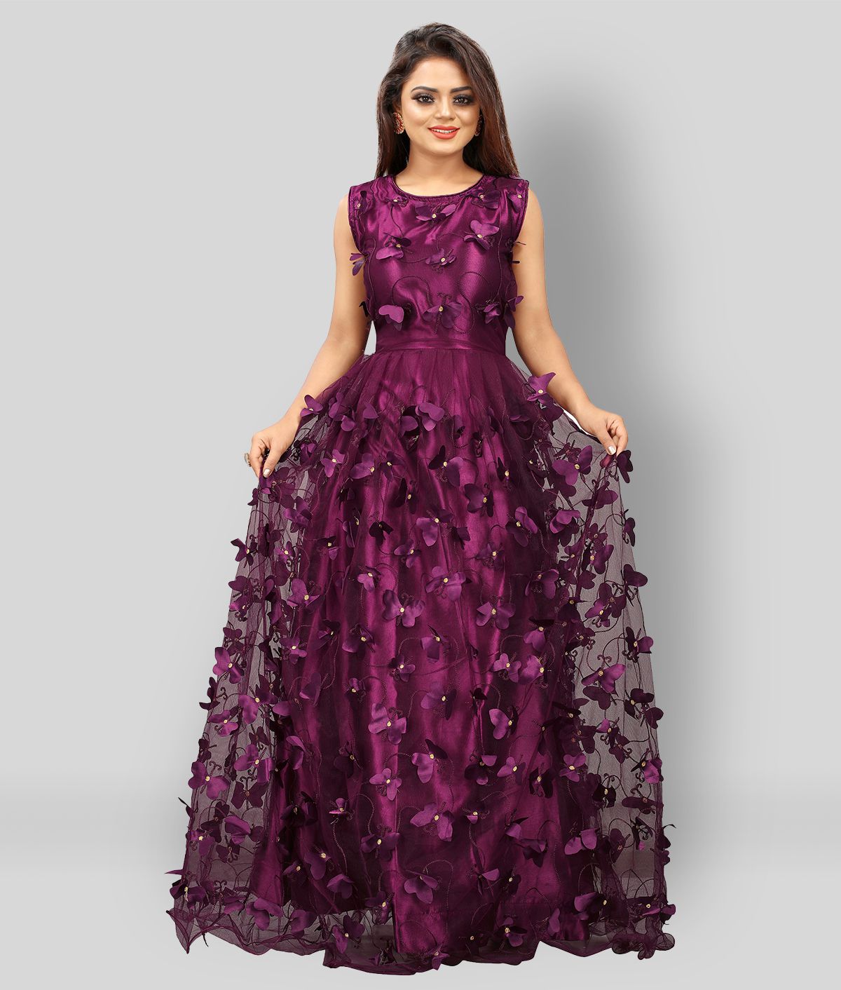     			Aika - Purple Anarkali Net Women's Semi Stitched Ethnic Gown ( Pack of 1 )