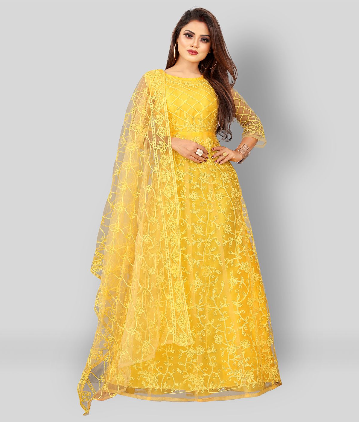     			Aika - Yellow Anarkali Net Women's Semi Stitched Ethnic Gown ( Pack of 1 )