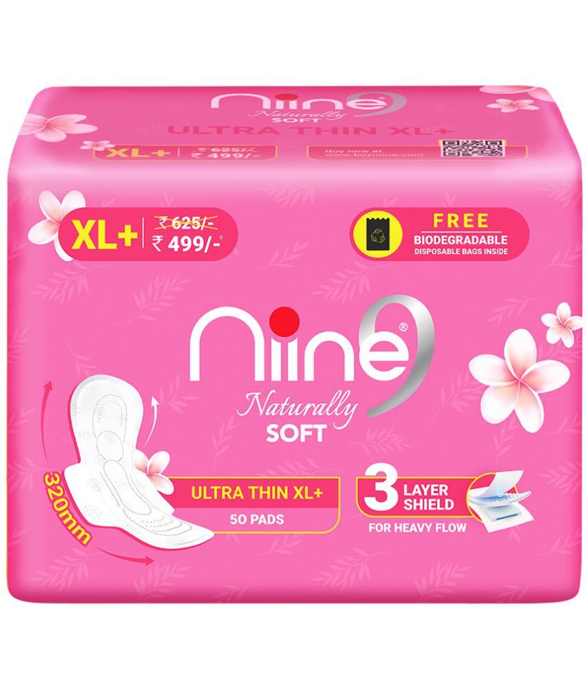     			Niine Naturally Soft Ultra Thin XL+ Sanitary Napkins for Heavy Flow (Pack of 1) 50 Pads with Free Biodegradable Disposal Bags