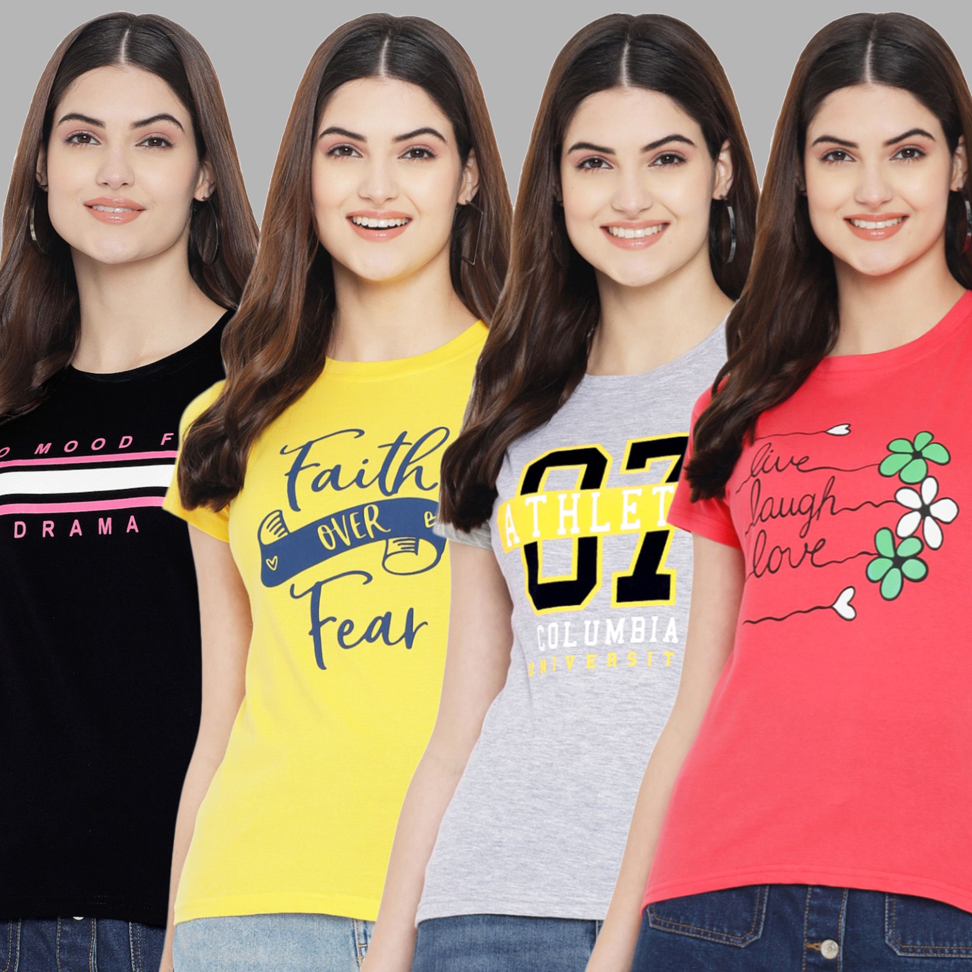 Fabflee - Multi Color Cotton Blend Regular Fit Women's T-Shirt ( Pack of 4 )