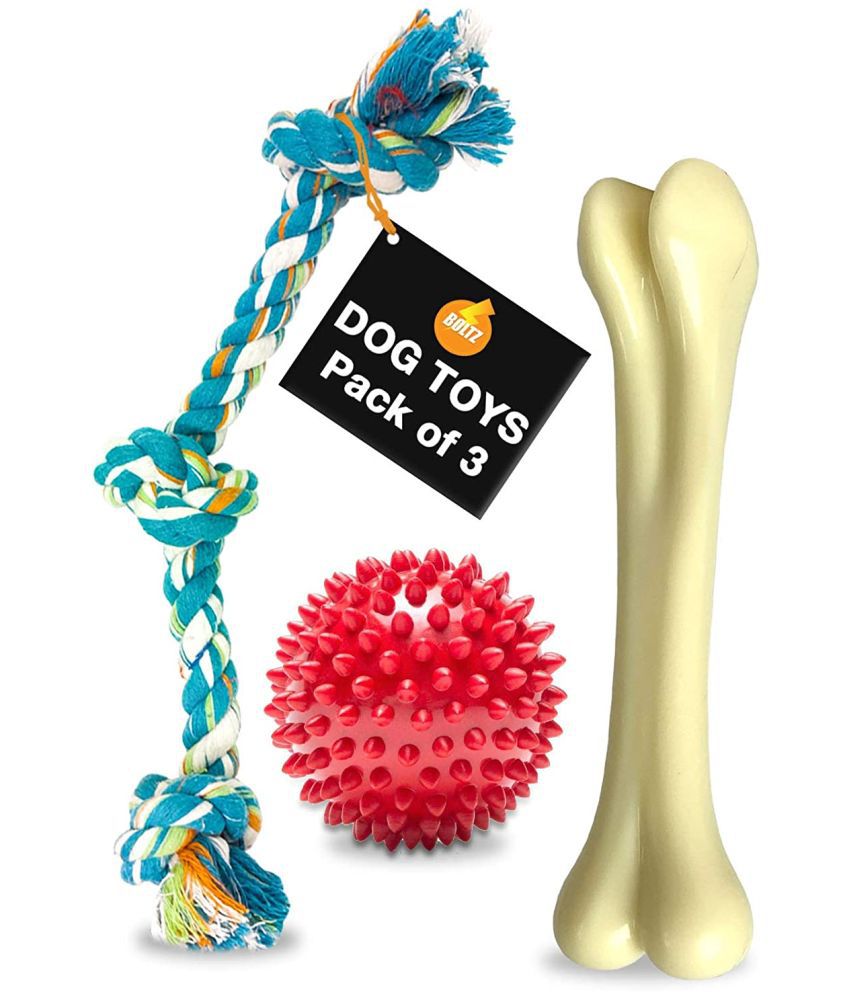 BOLTZ Natural Rubber Spiked Ball,Dog Chew Bone,Durable Dog Chew 3 Knotted Cotton Rope Dog Toys - Pack of 3(Colour may vary)