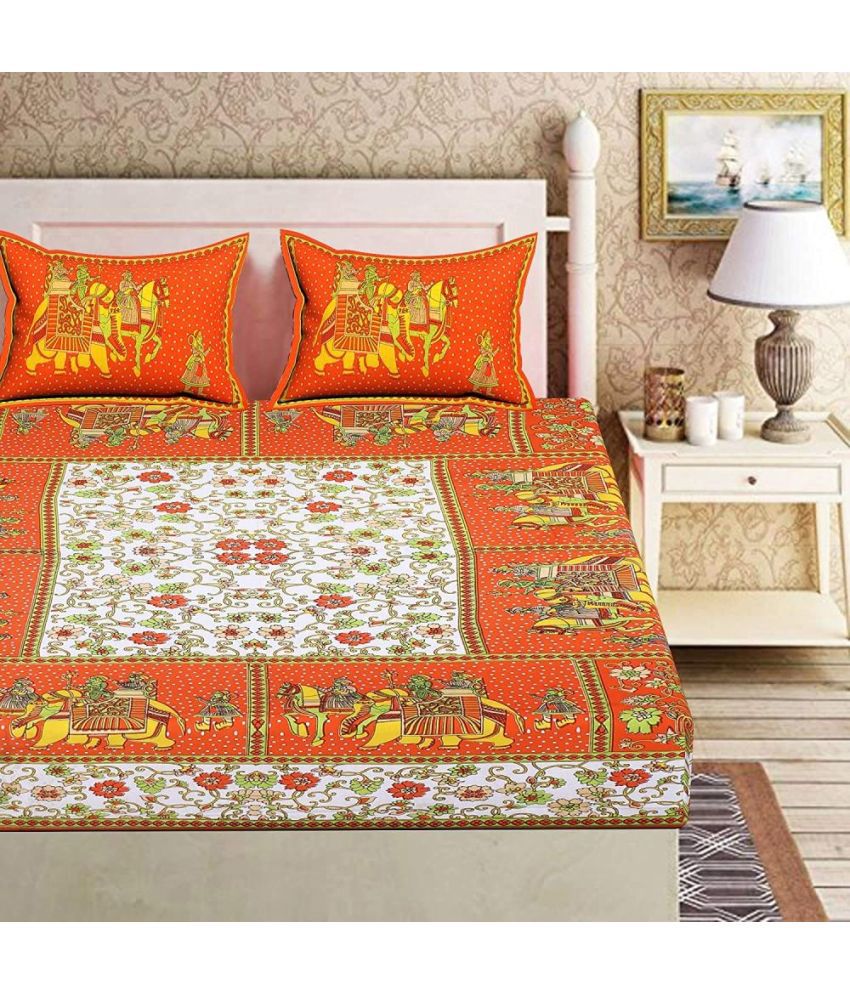     			HOMETALES Cotton Floral Queen Bedsheet with 2 Pillow Covers- Orange