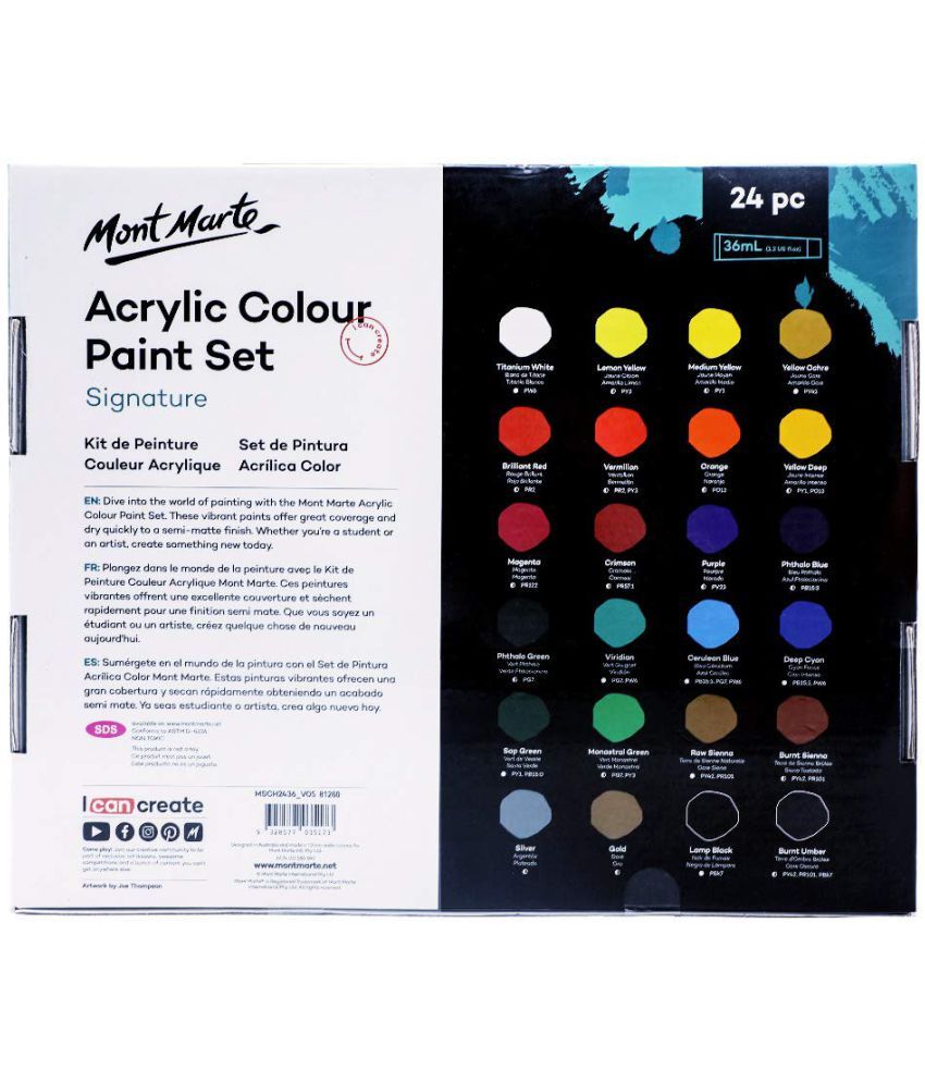 Mont Marte Acrylic Paint Set 24 Colours 36ml, Perfect for Canvas, Wood