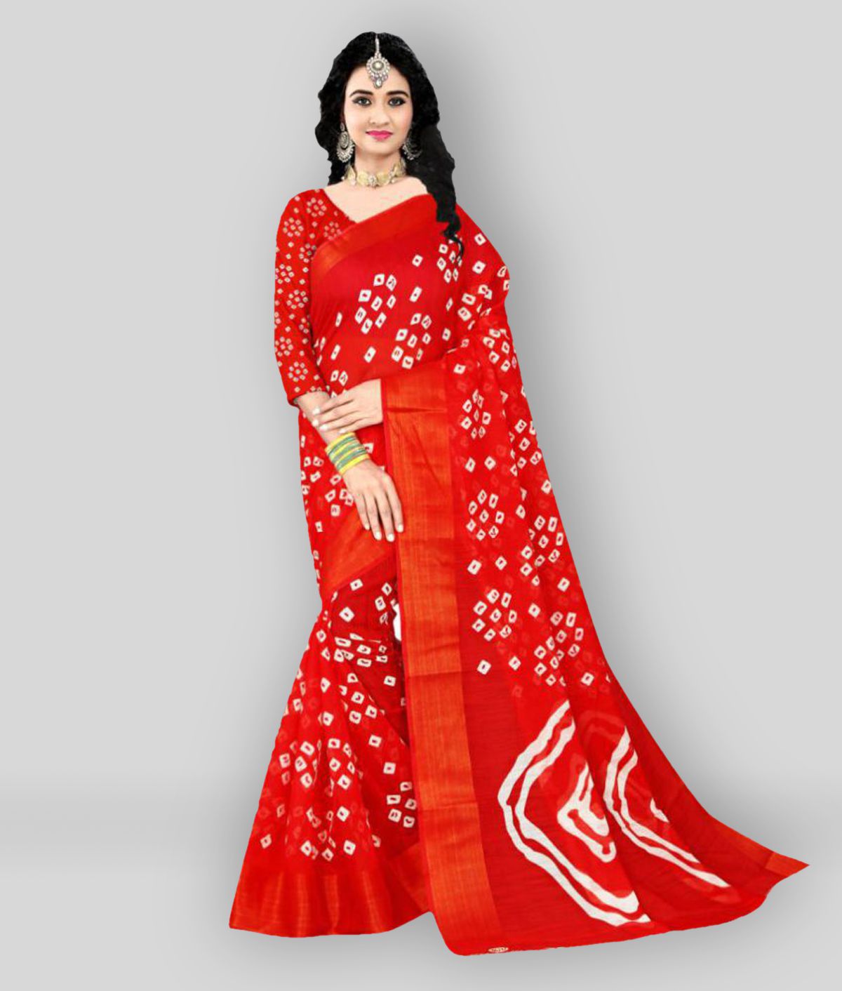    			Grubstaker - Red Linen Saree With Blouse Piece ( Pack of 1 )