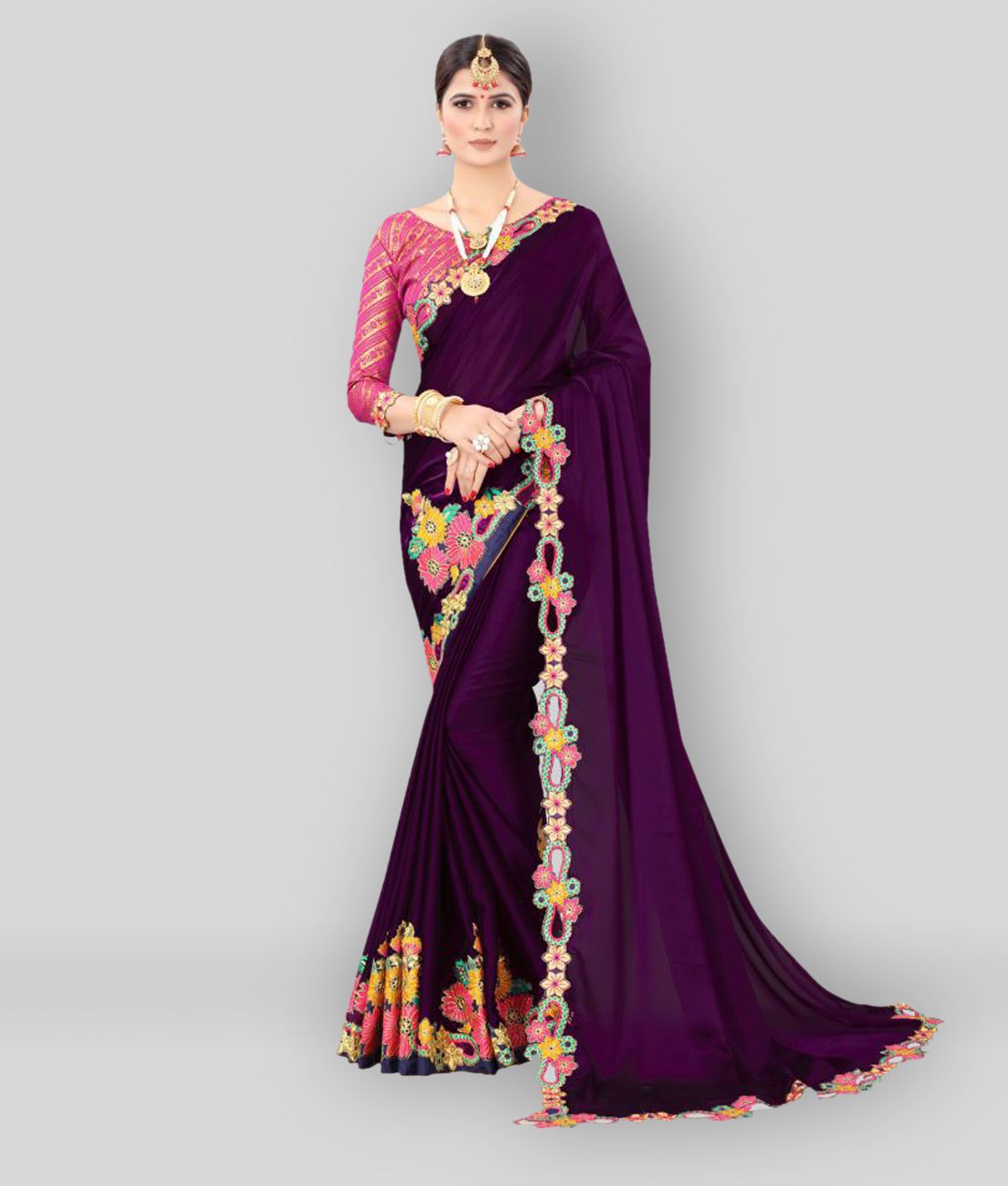 offline selection - Purple Silk Blend Saree With Blouse Piece ( Pack of 1 )