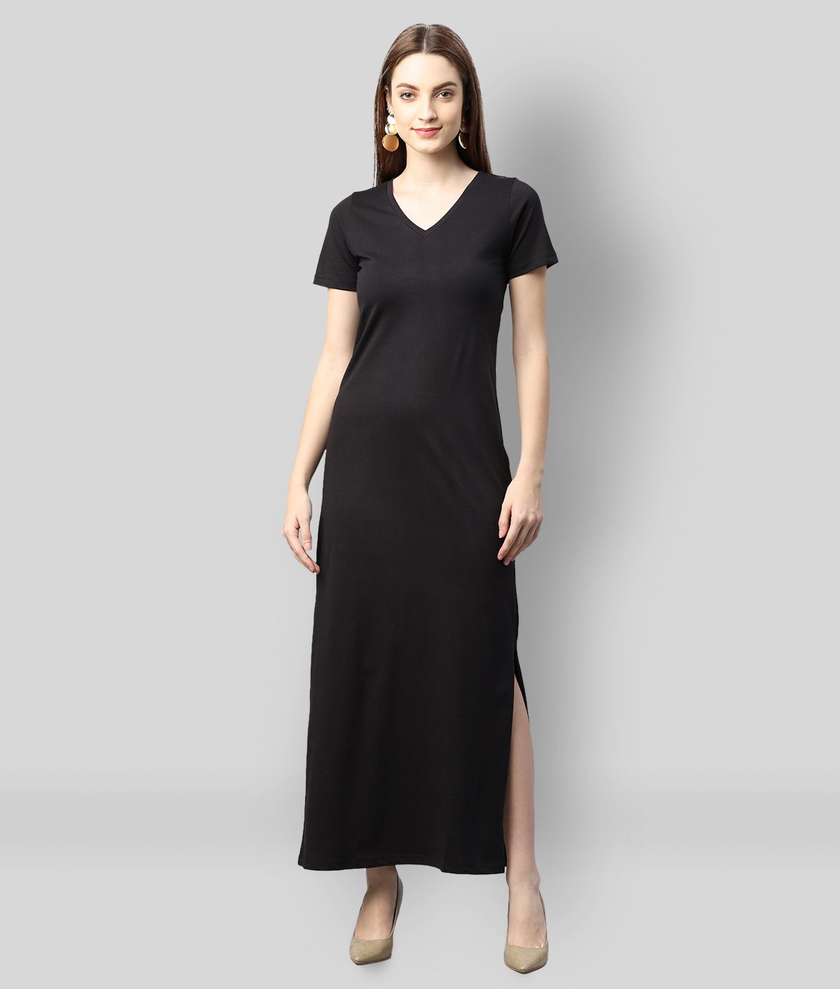 Rigo - Black Cotton Women's Side Slit Dress ( Pack of 1 )