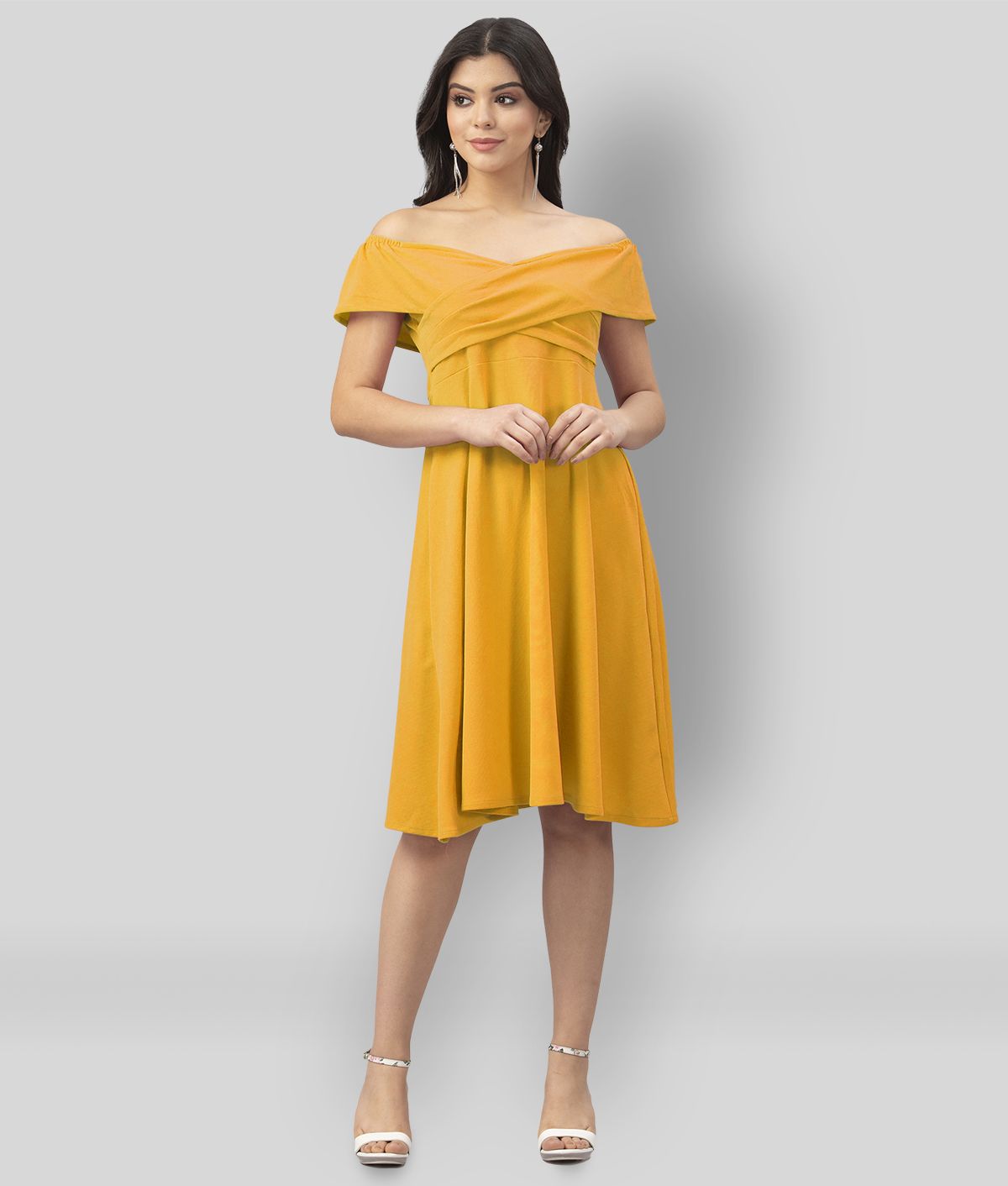     			Selvia - Yellow Cotton Blend Women's Off Shoulder Dress ( Pack of 1 )