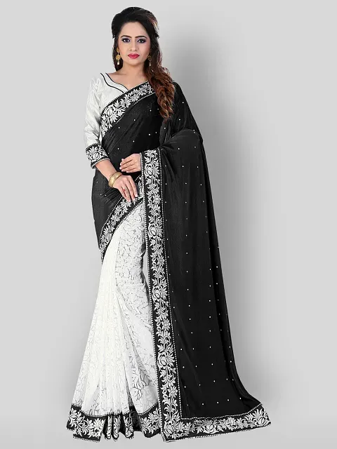 Red,Off White Velvet,Cotton Half N Half Saree #velvet #georgette #resham  #embroidery #Trendy #casual… | Bright color dresses, Latest indian saree,  Party wear sarees