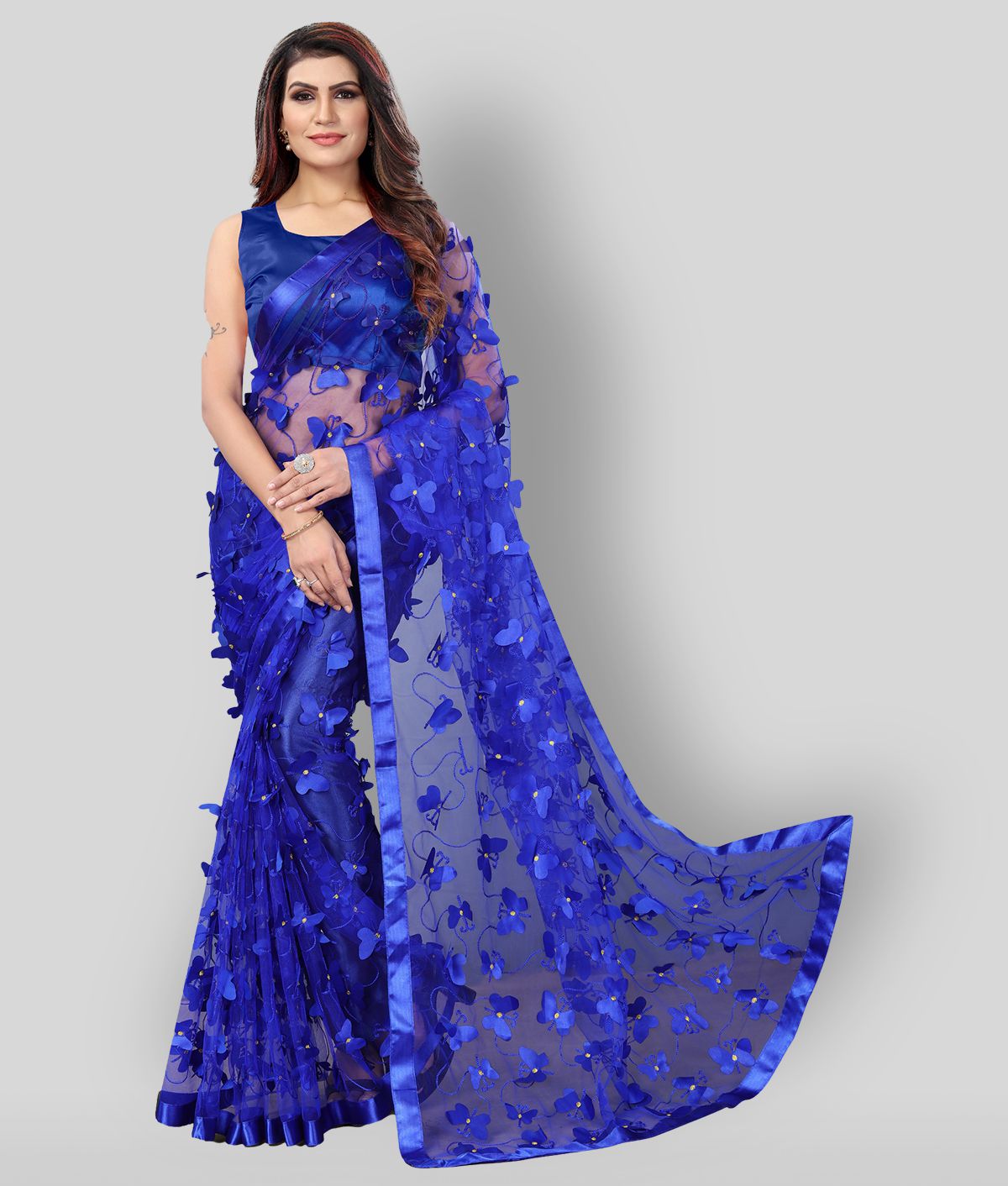     			Aika - Blue Net Saree With Blouse Piece ( Pack of 1 )