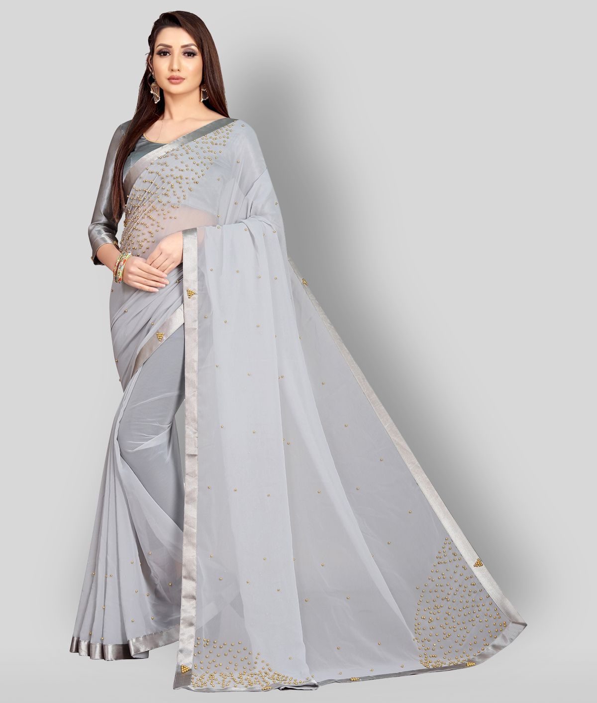     			Aika - Grey Melange Georgette Saree With Blouse Piece ( Pack of 1 )
