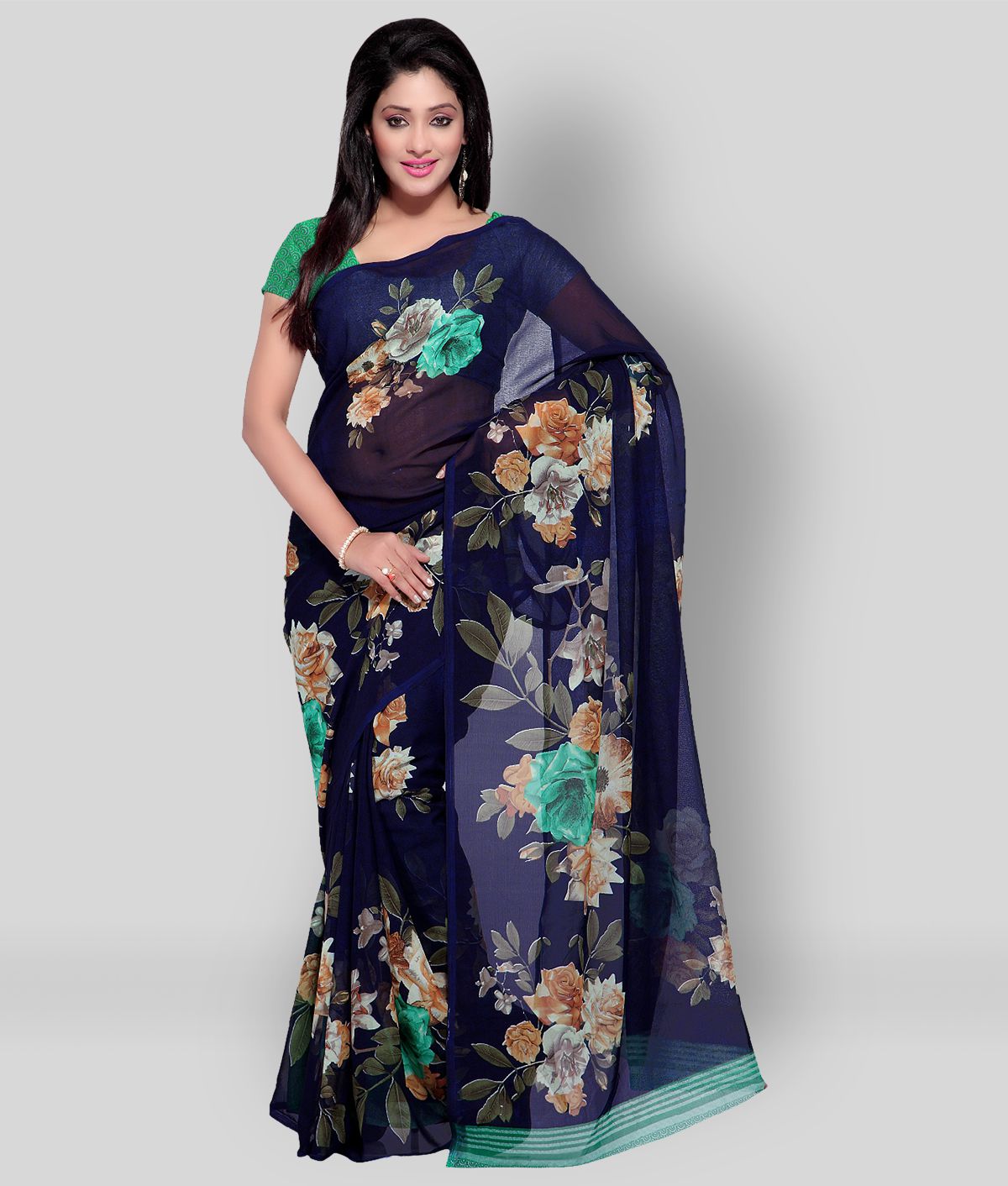     			Anand - Blue Georgette Saree With Blouse Piece ( Pack of 1 )