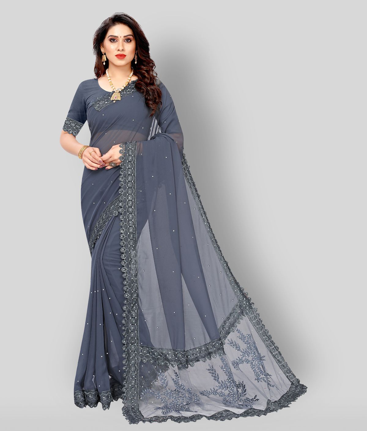     			Apnisha - Grey Georgette Saree With Blouse Piece (Pack of 1)