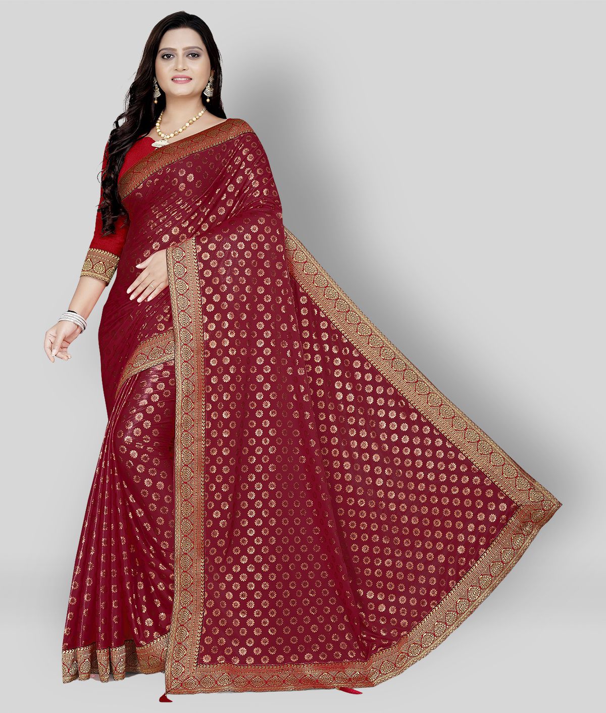     			Gazal Fashions - Maroon Lycra Saree With Blouse Piece (Pack of 1)