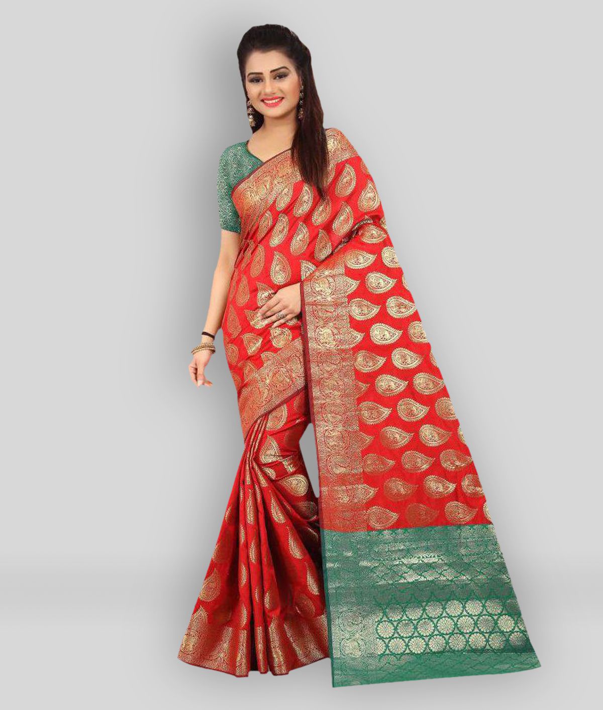    			Gazal Fashions - Red Banarasi Silk Saree With Blouse Piece (Pack of 3)
