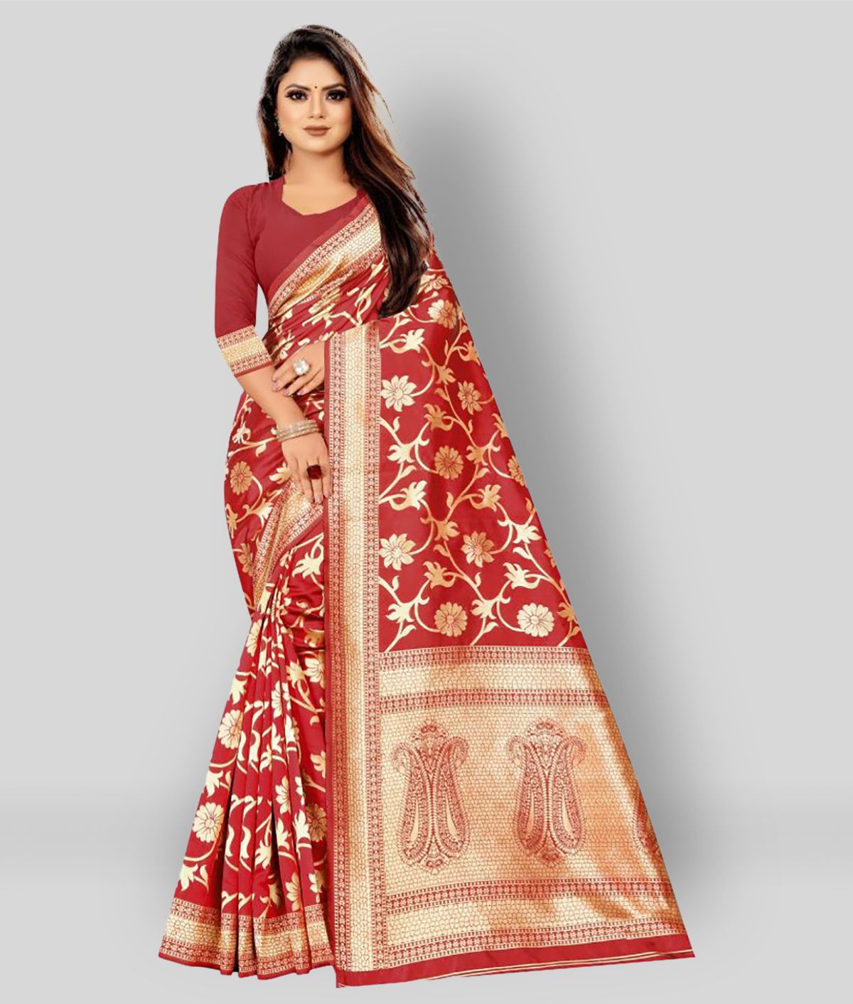     			Gazal Fashions - Red Banarasi Silk Saree With Blouse Piece (Pack of 1)