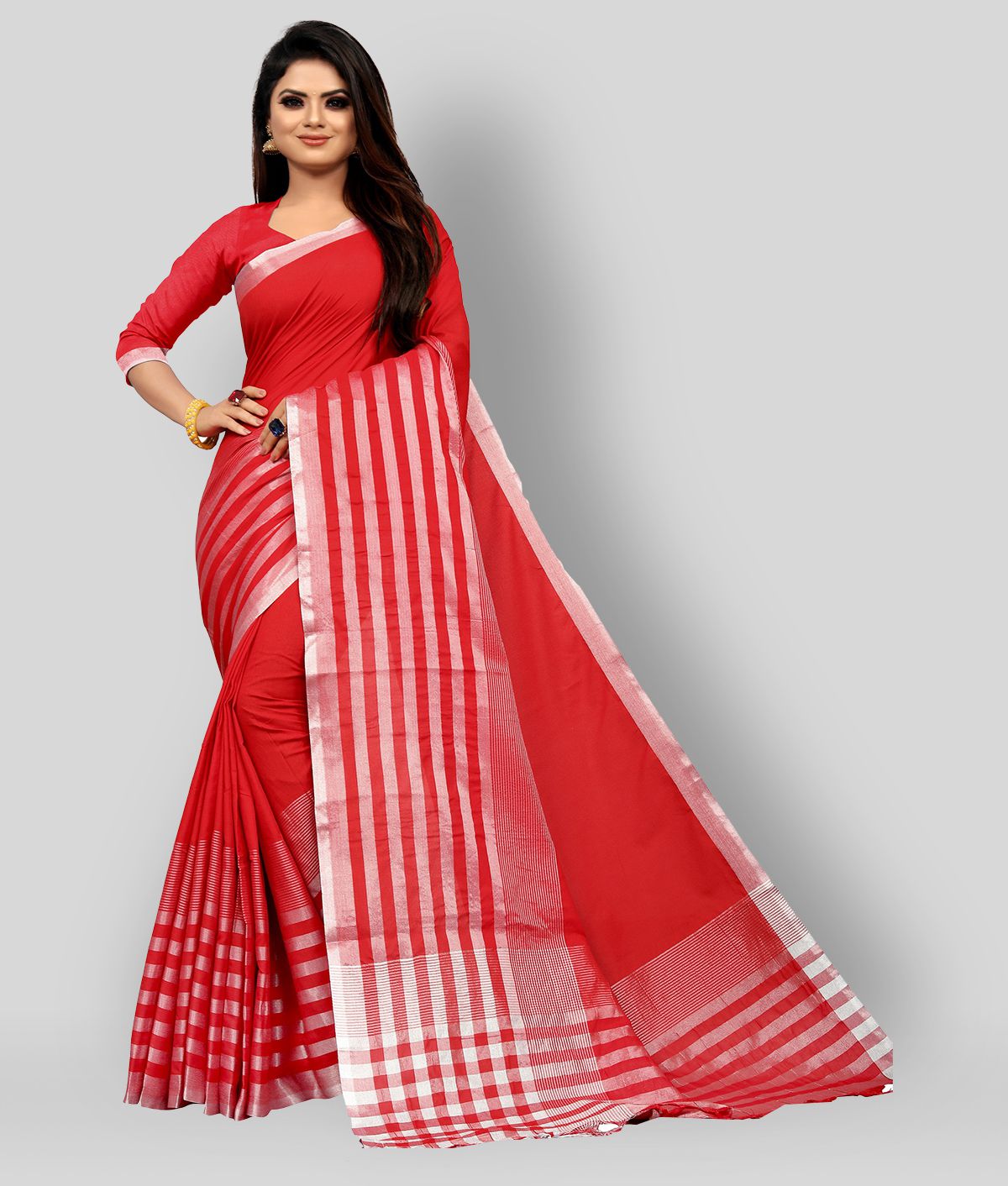 Gazal Fashions - Red Cotton Saree With Blouse Piece (Pack of 1)