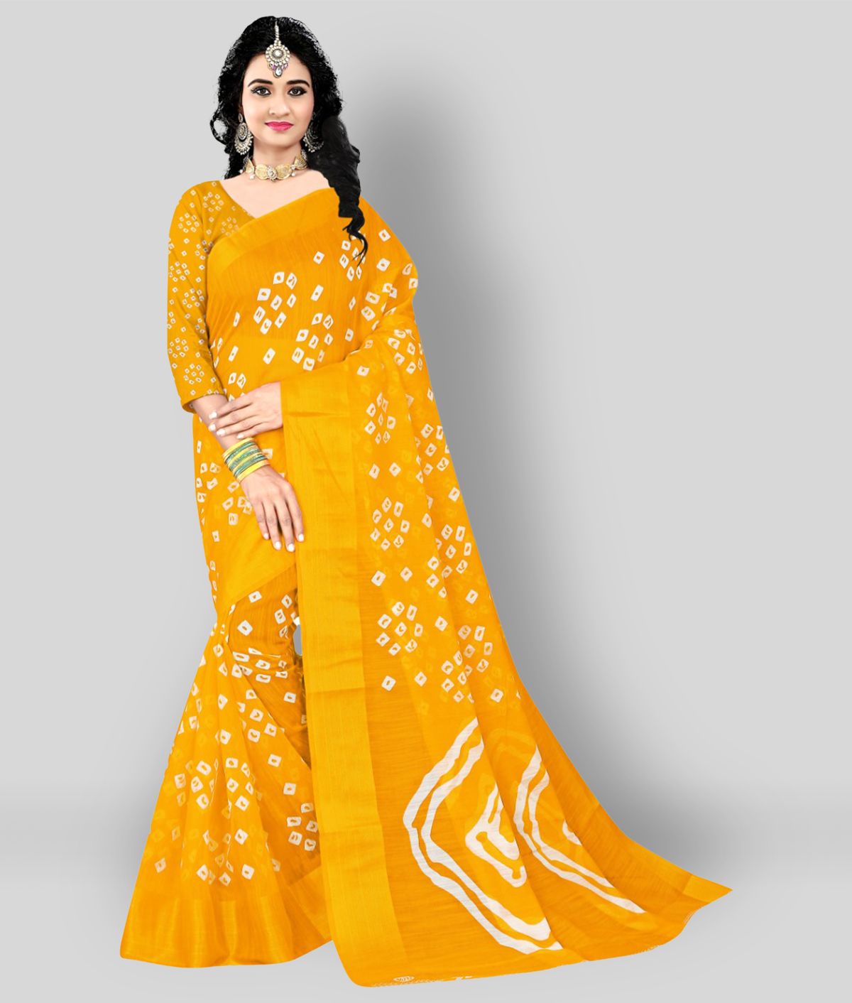     			Grubstaker - Yellow Linen Saree With Blouse Piece ( Pack of 1 )