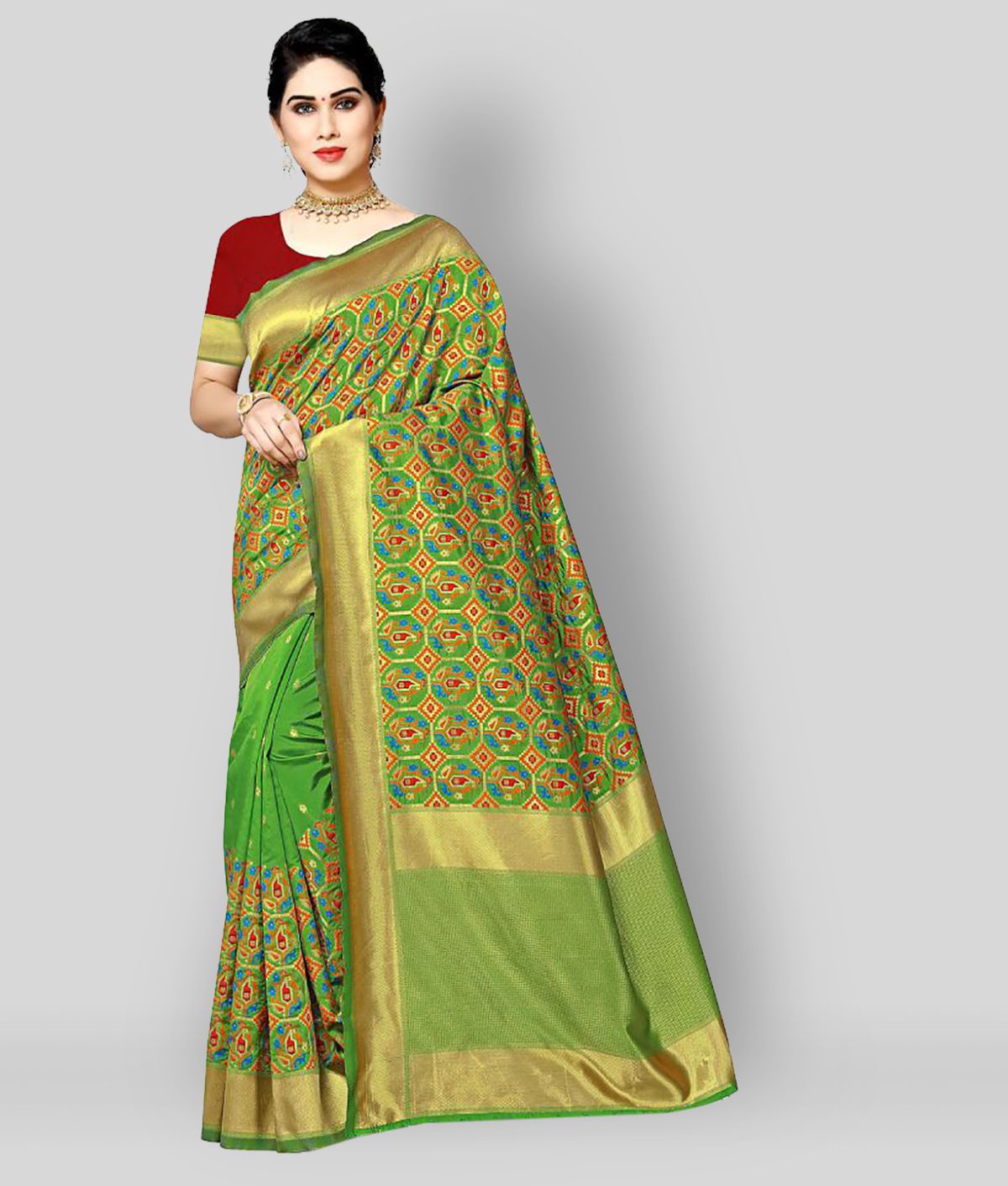     			NENCY FASHION - Green Banarasi Silk Saree With Blouse Piece (Pack of 1)