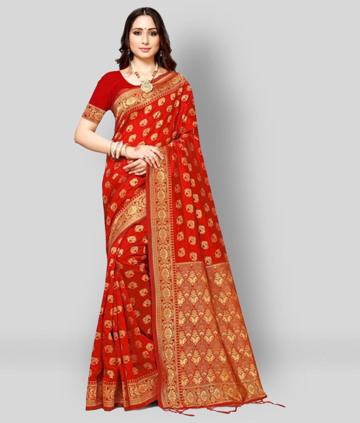     			NENCY FASHION - Red Banarasi Silk Saree With Blouse Piece (Pack of 1)