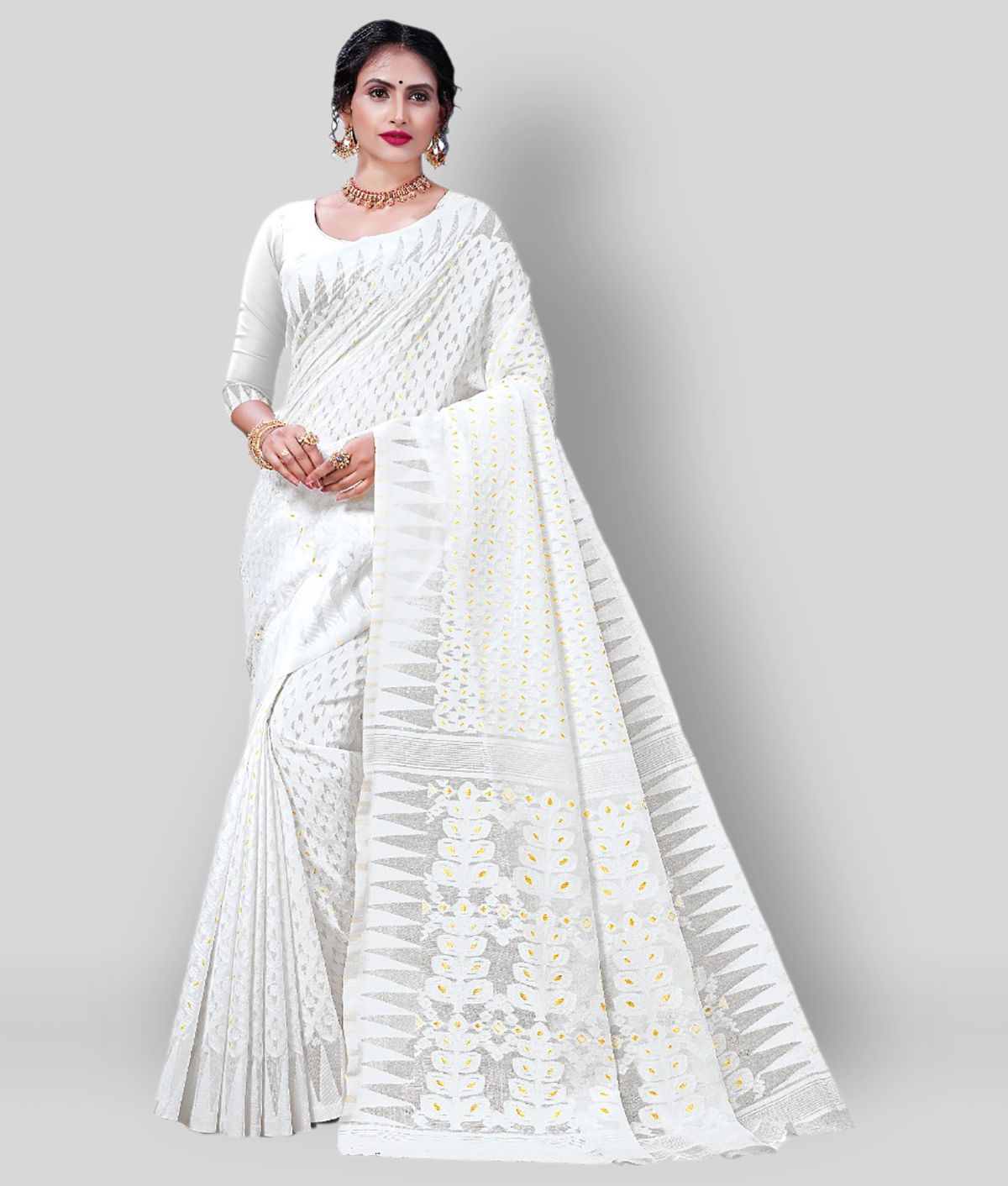     			Panihari Creations - White Cotton Saree Without Blouse Piece (Pack of 1)