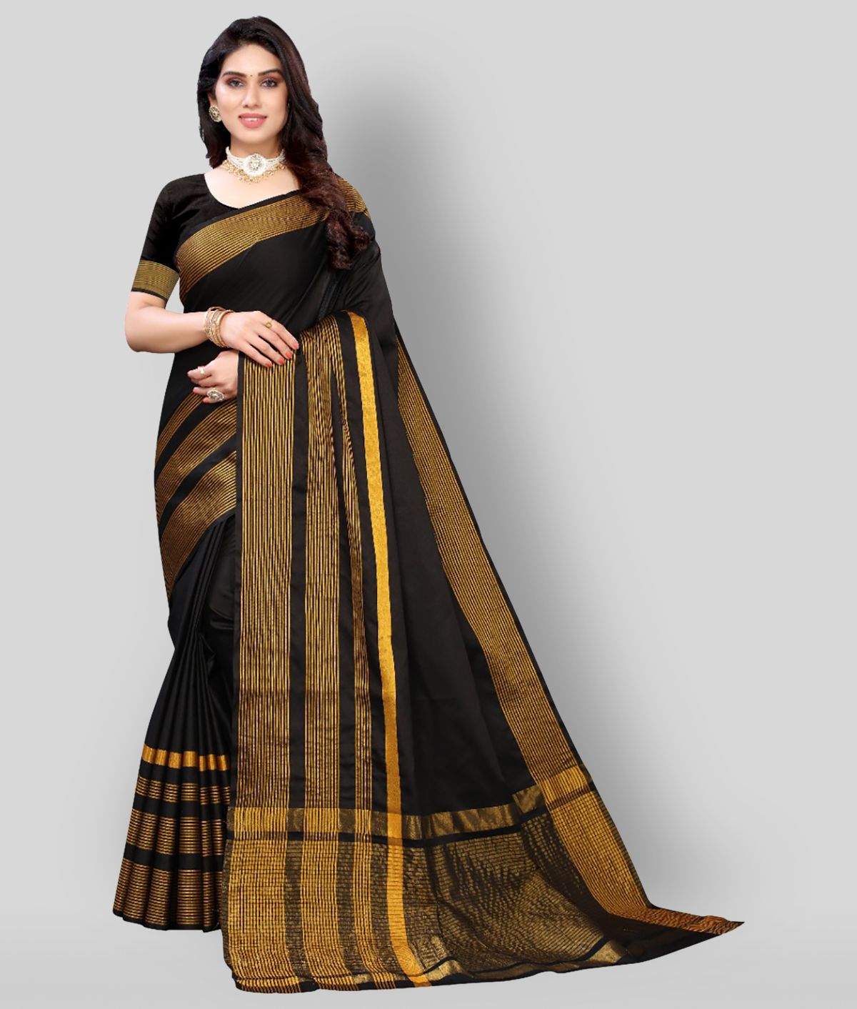     			SMART NJ - Black Cotton Saree With Blouse Piece ( Pack of 1 )