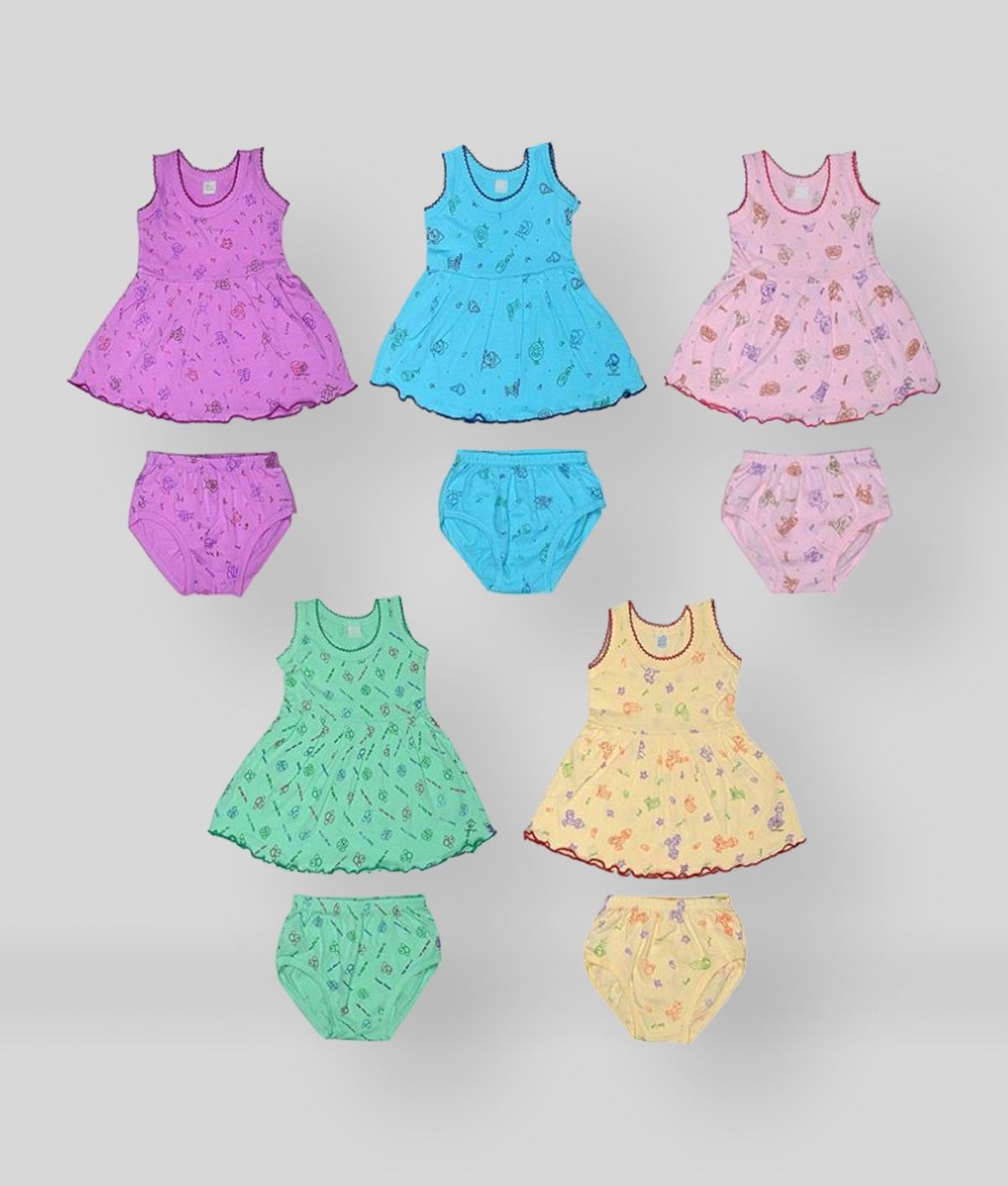     			Sathiyas Akash 100% cotton Baby Girls Printed Dresses - (Set of 5)