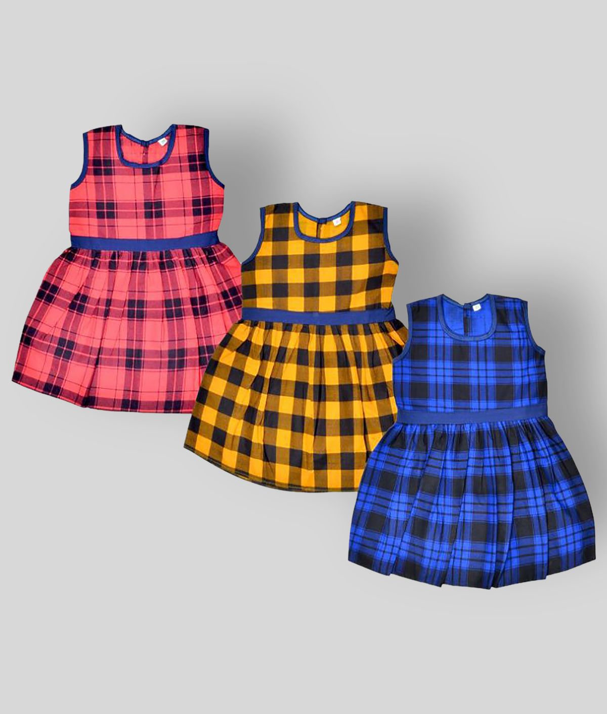     			Sathiyas Red, Yellow and Blue 100% Cotton Girls Checked Pattern Dress Pack of 3