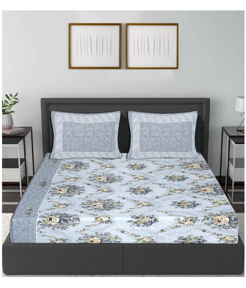     			Frionkandy Cotton Floral Printed Double Bedsheet with 2 Pillow Covers - Grey