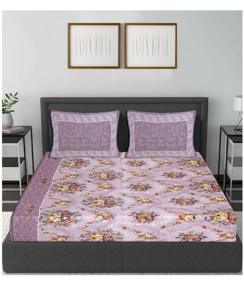     			Frionkandy Cotton Floral Printed Double Bedsheet with 2 Pillow Covers - Purple