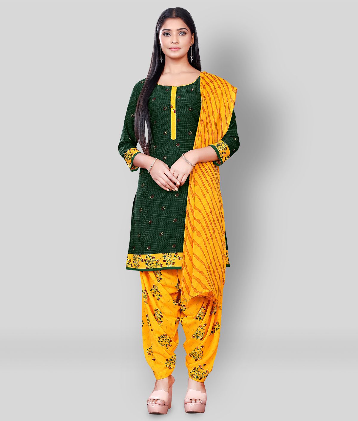 SIMMU Green,Yellow Crepe Unstitched Dress Material - Single