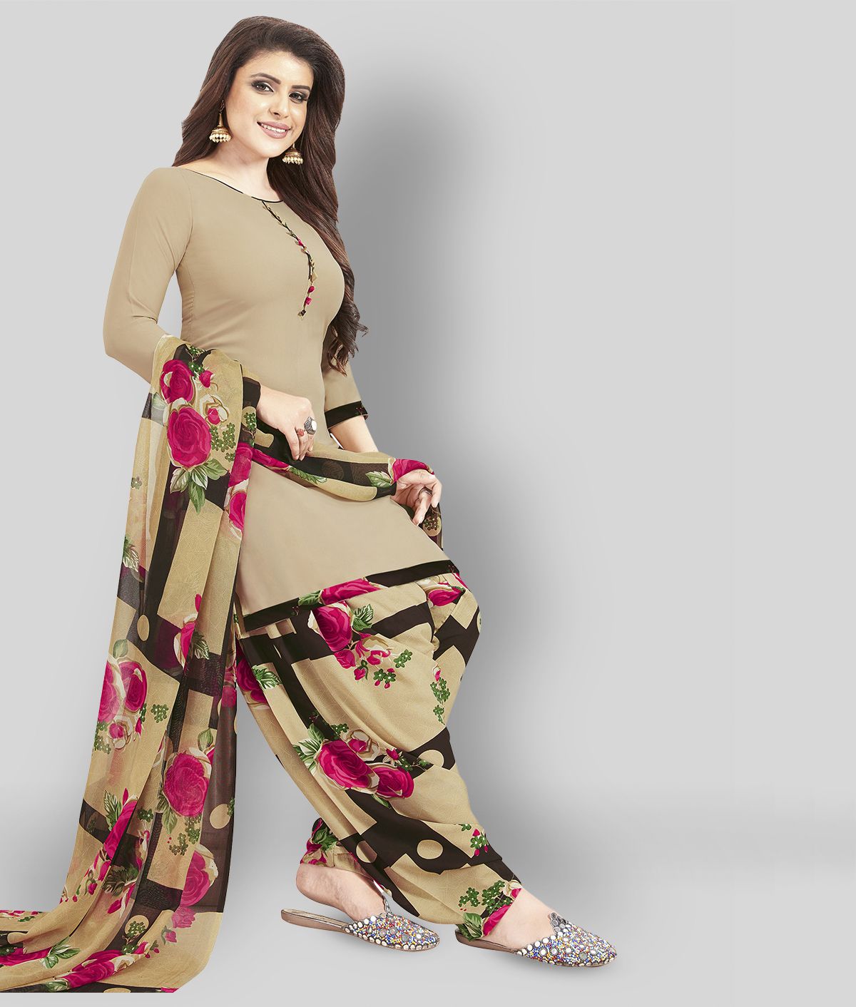 shree jeenmata collection Unstitched Beige Crepe Dress Material