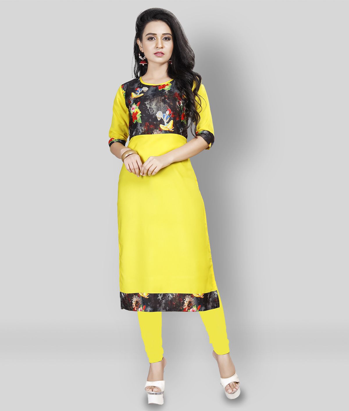     			Jiya Enterprise - Yellow Crepe Women's Straight Kurti ( Pack of 1 )