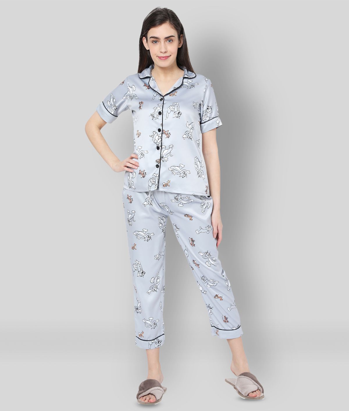     			Smarty Pants - Light Grey Satin Women's Nightwear Nightsuit Sets ( Pack of 1 )