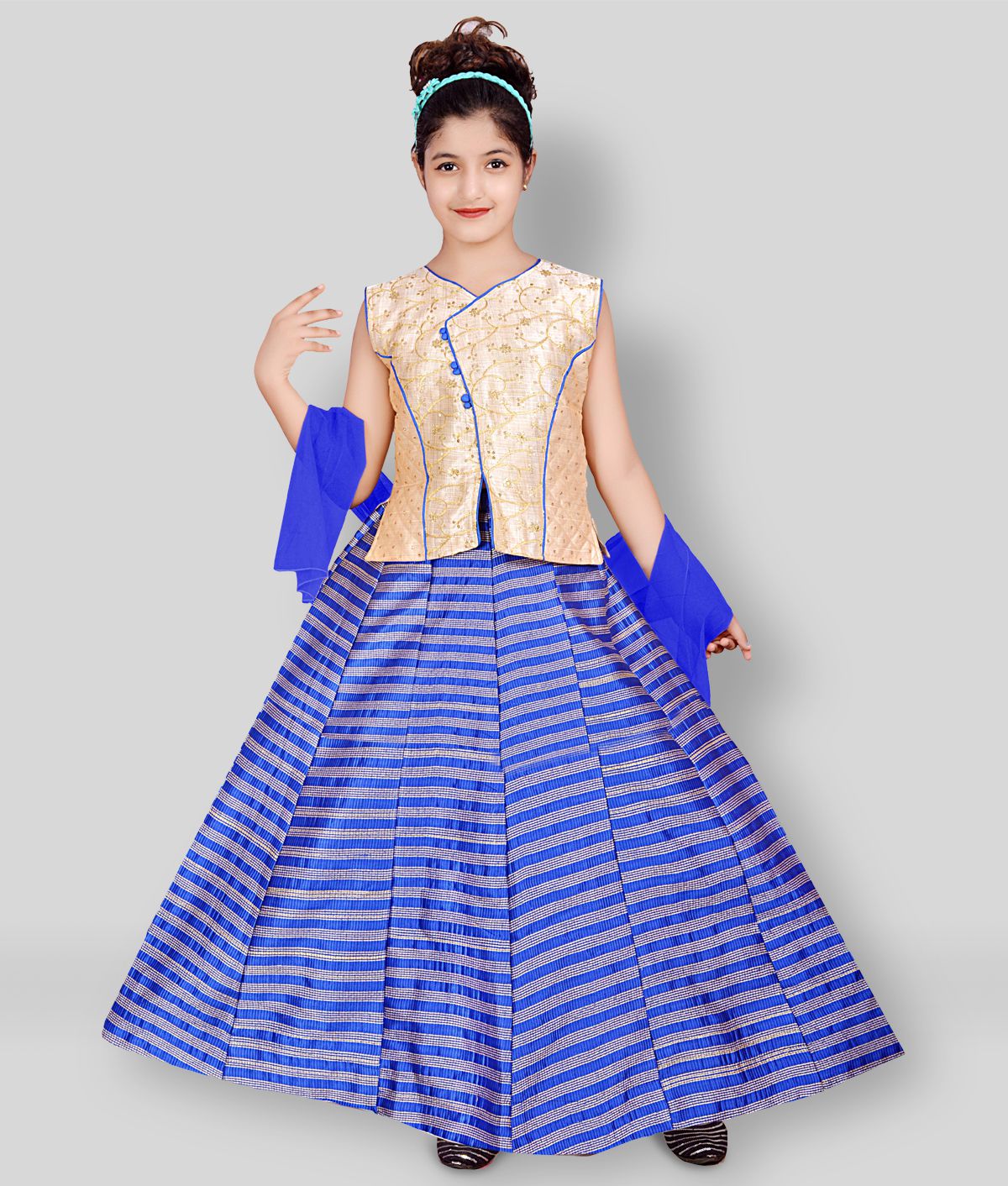     			Sky Heights Strips Blue Net Orange Lehenga Choli Party Dress For Girls