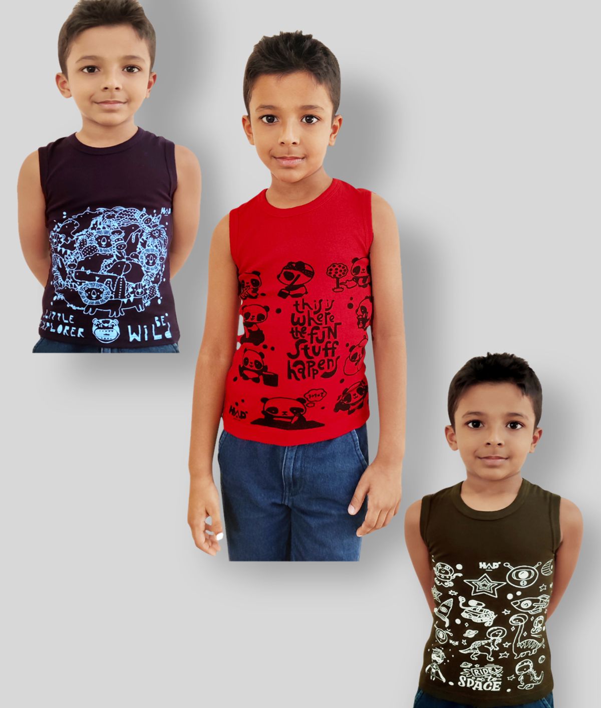     			HAP Boys Multicolor Printed Vest | Tank top |Sleeveless Tshirt - Pack of 3  /Any Colour