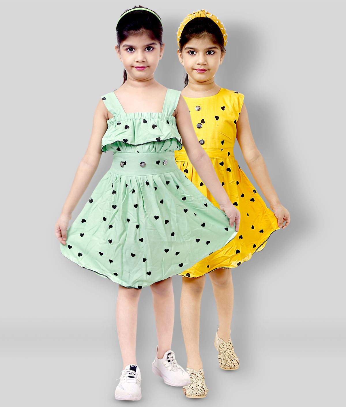     			Mojua - Green & Yellow Rayon Girl's A-line Dress ( Pack of 2 )