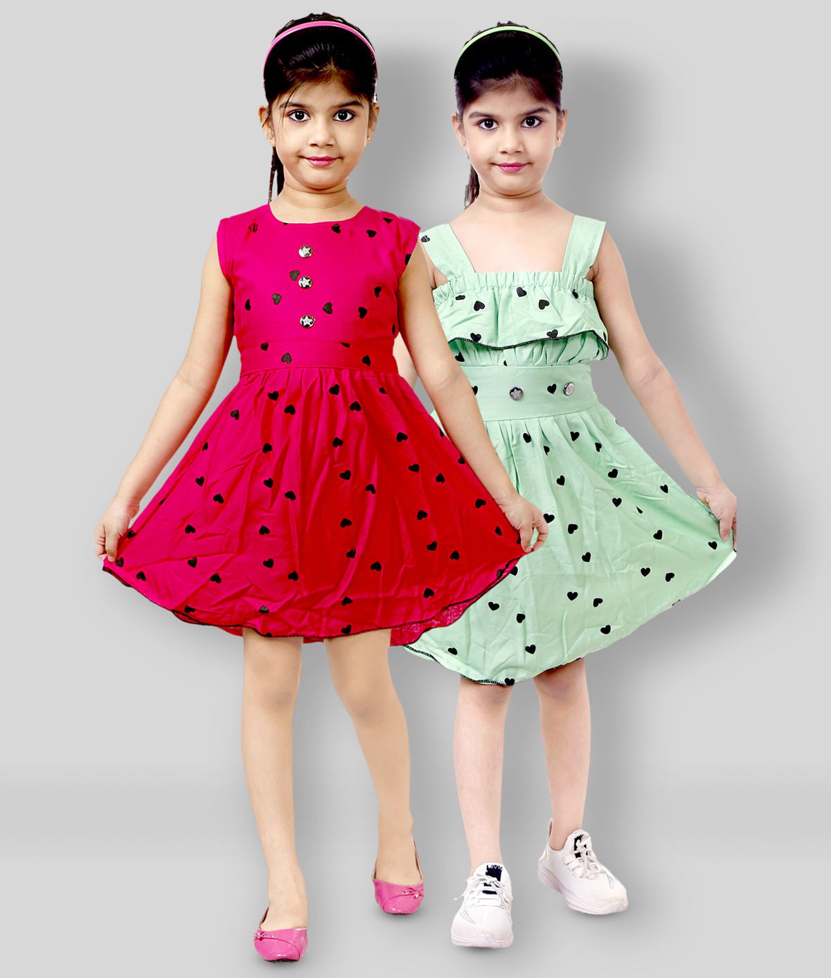     			Mojua - Pink & Green Rayon Girl's A-line Dress ( Pack of 2 )