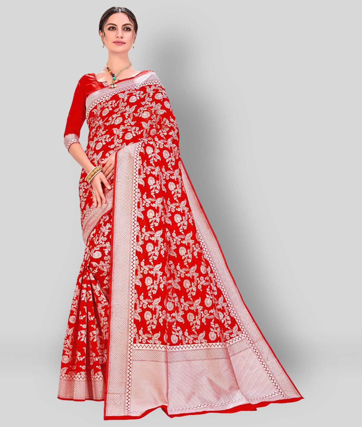     			Sherine - Red Banarasi Silk Saree With Blouse Piece (Pack of 1)