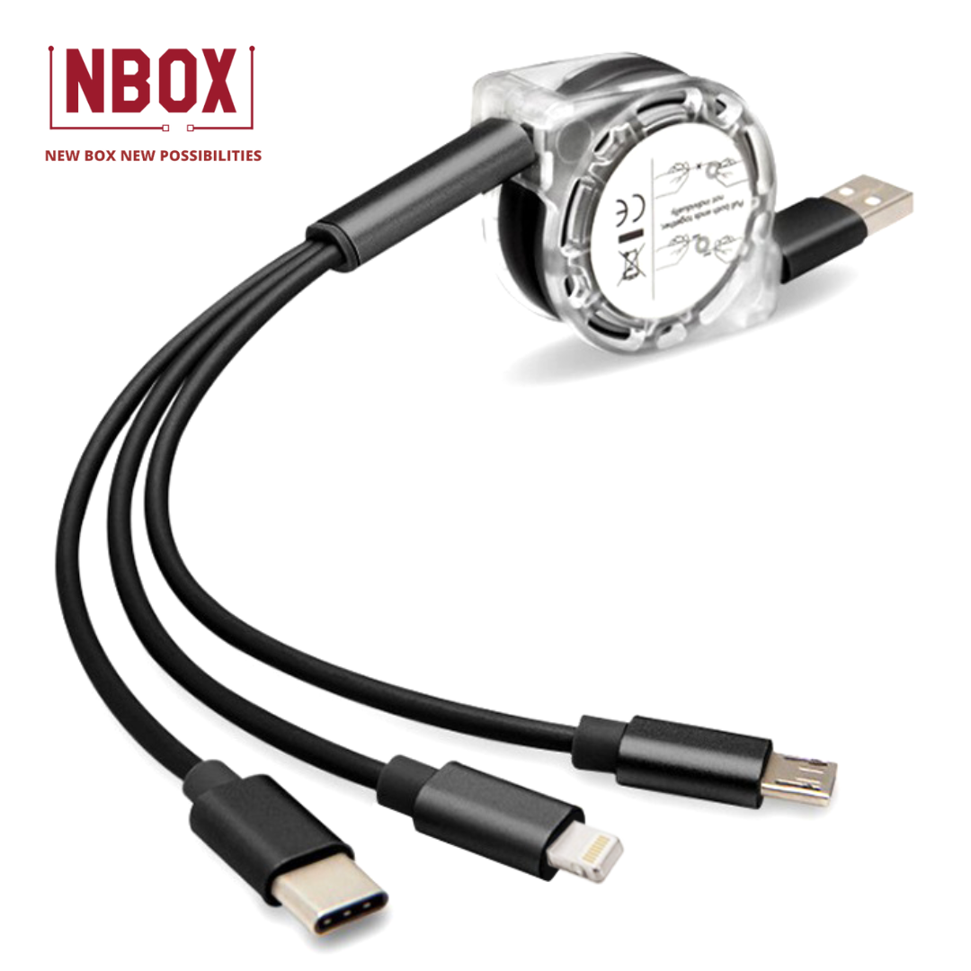 NBOX 2.4A retractable 3 in 1 multipin charging cable- 1 meter, Black