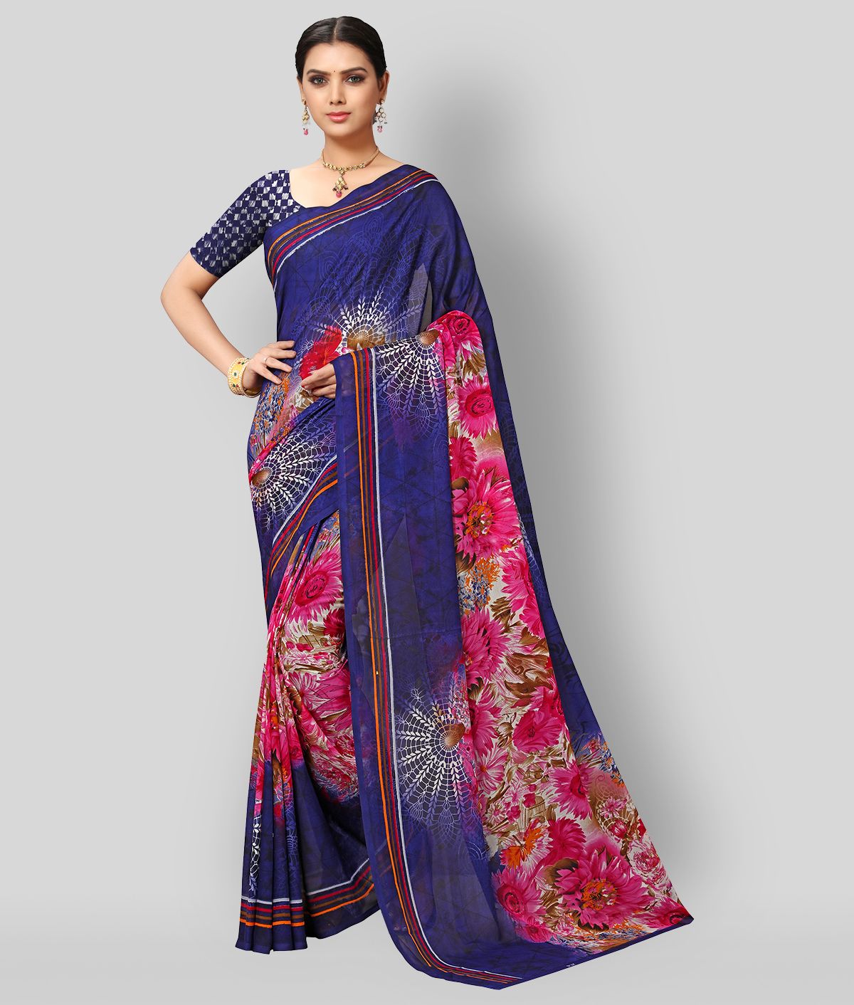     			Anand - Blue Georgette Saree With Blouse Piece ( Pack of 1 )