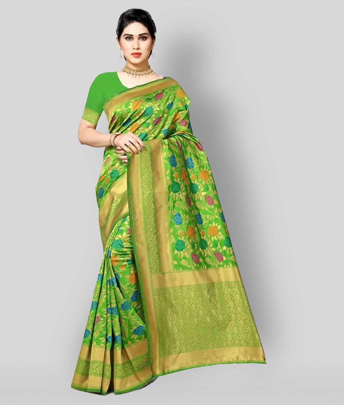 NENCY FASHION - Green Banarasi Silk Saree With Blouse Piece (Pack of 1)