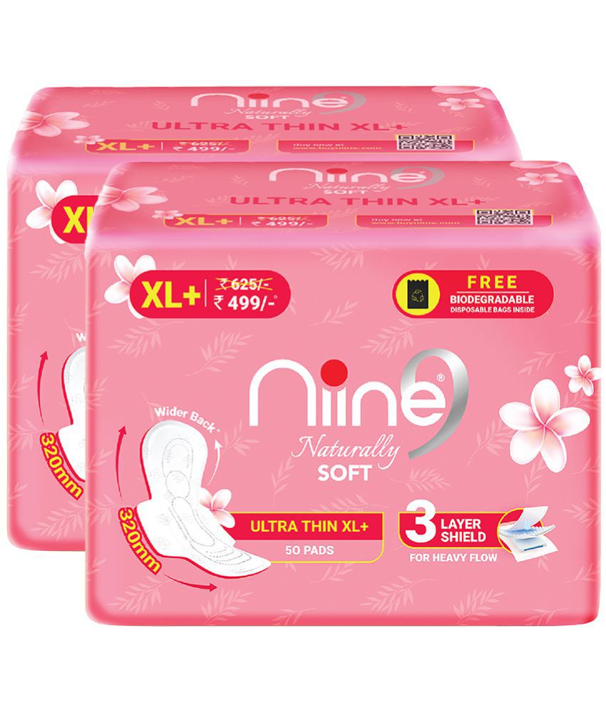     			Niine Naturally Soft Ultra Thin XL+ Sanitary Napkins for Heavy Flow (Pack of 2) 100 Pads with Free Biodegradable Disposal Bags