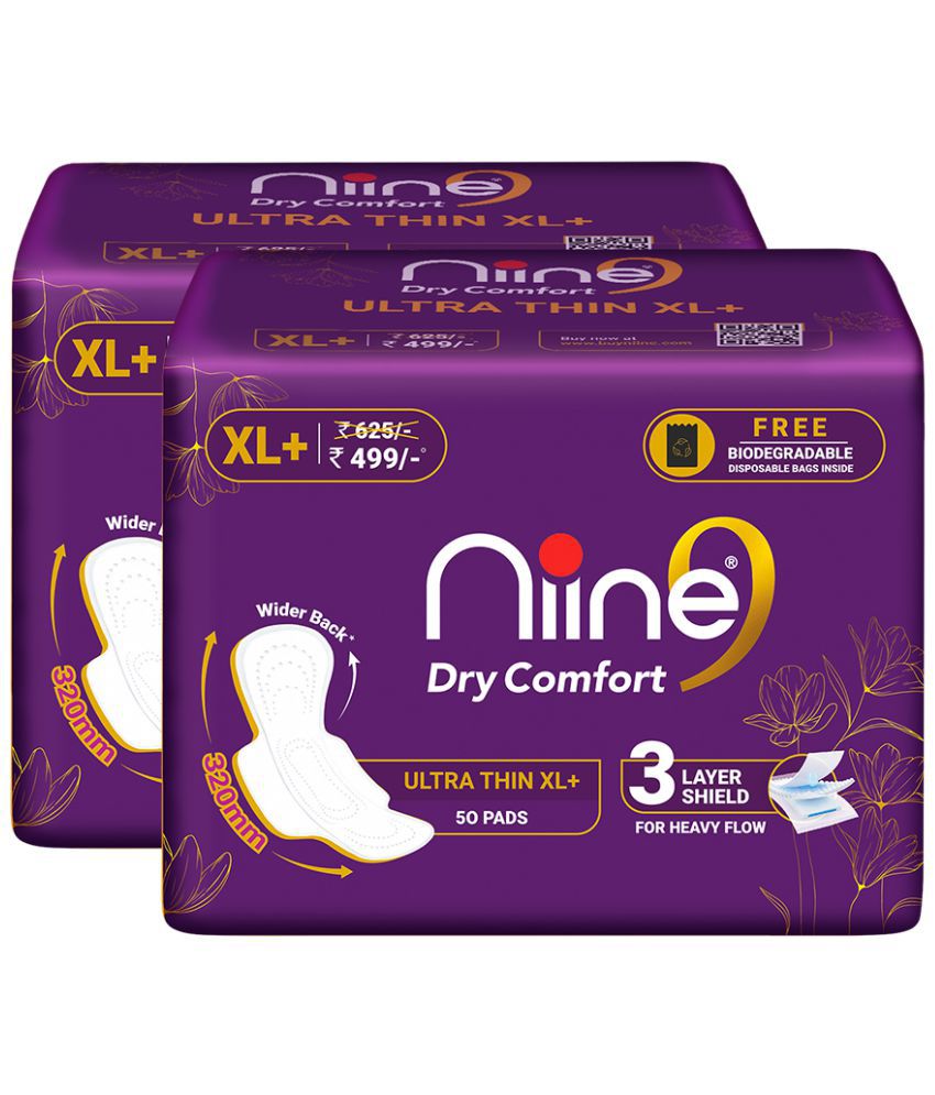     			Niine Dry Comfort Ultra Thin XL+ Sanitary Napkins for Heavy Flow (Pack of 2) 100 Pads with Free Biodegradable disposable bags