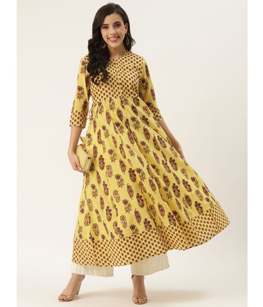     			HISHAM - Yellow Cotton Blend Women's Anarkali Kurti ( Pack of 1 )