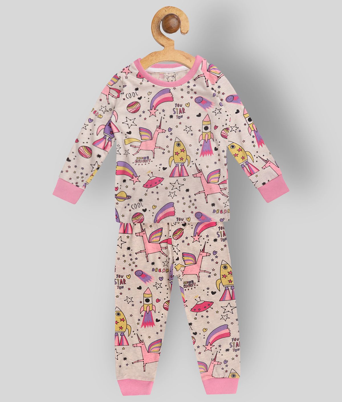     			Lazy Shark Pack of 1 Girls Cotton Blend Night Suit Set ( Cream )