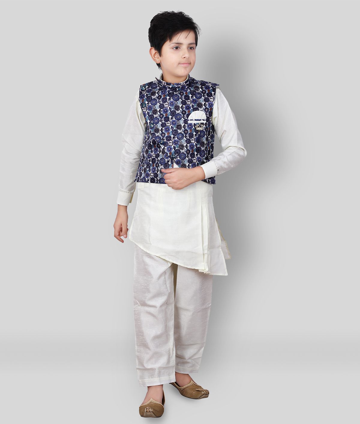     			Fourfolds Ethnic Wear Kurta Pyjama with Printed Waist Coat Jacket for Kids and Boys_701