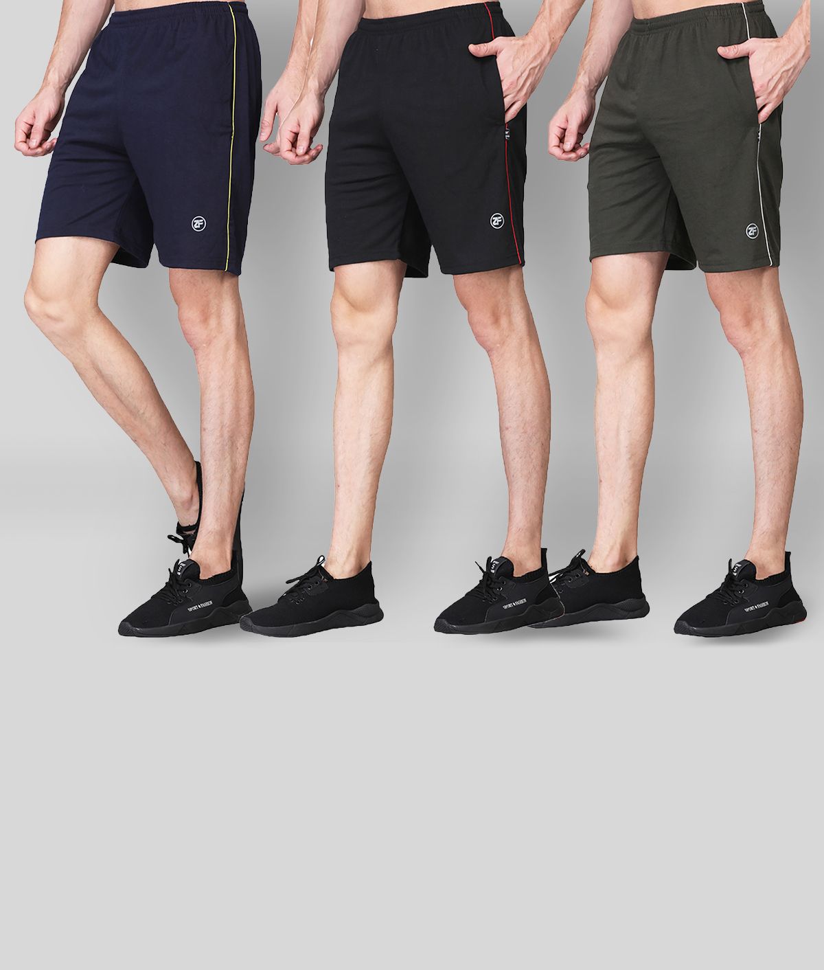     			Zimfit Navy, Black and Olive Cotton Blend Running Shorts Pack of 3