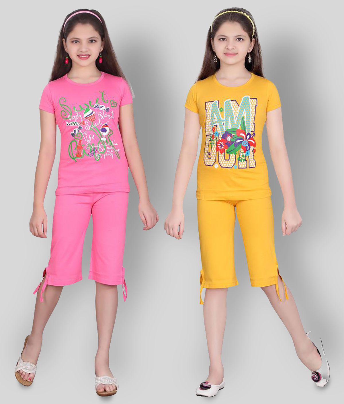     			Sini Mini Pink and Yellow Girl's Top & Capri Set Pack of 2