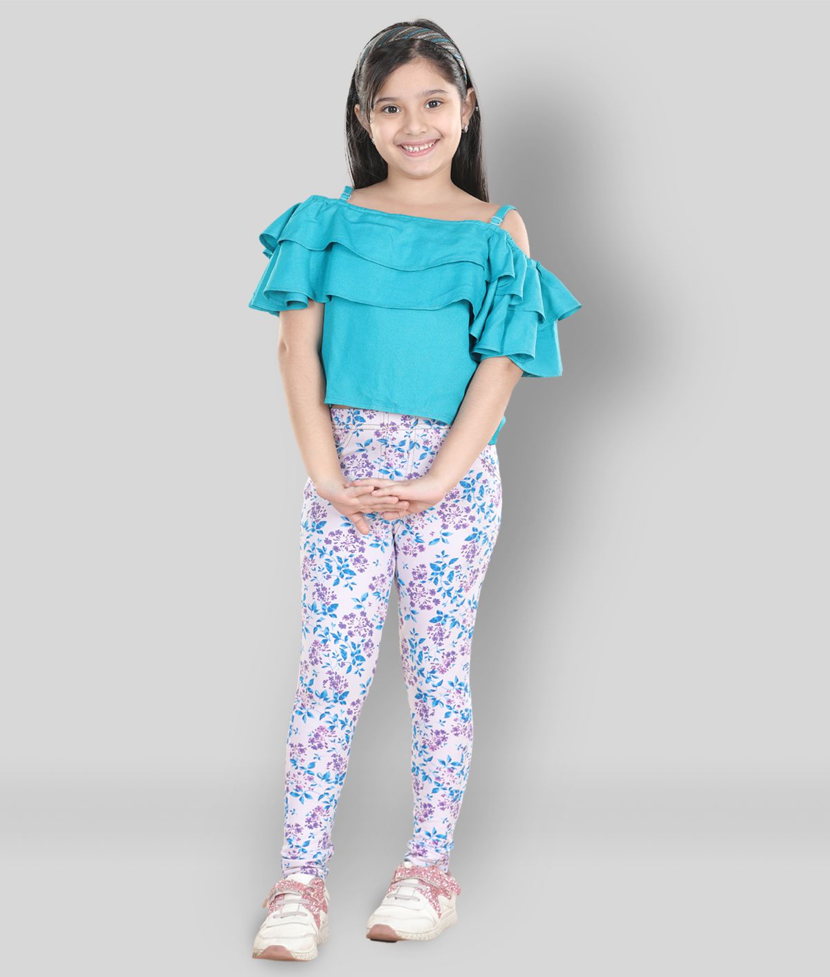     			StyleStone Girls Cotton Floral Printed Jegging and Turquoise Top